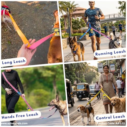 Image of A+a Pets' Multi-Function Cotton Leash to Walk 2 Dogs | Long, Short, Hands Free, Traffic, Running, Walking | Adjustable, Soft Comfortable (Pink & Mango)