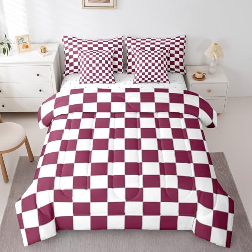 Image of Erosebridal Burgundy Check Plaid Queen Comforter Set with Sheets 7 Piece White Red Checkerboard Bedding Set,Checkered Grid Bed in A Bag for Kids Teen Adults Aesthetic Geometric Bed Set