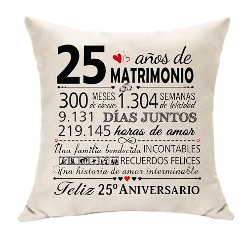 Hasodeo Presentes de casamento de prata capa de almofada presentes 25 anos de casamento almofada decoração 45 x 45 cm presentes para 25º aniversário de casamento esposa marido casal presente decoração