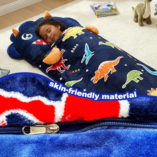 Image of Kid Sleeping Bag with Pillow - Larger Nap Mat - Plush Slumber Bag for Boys Girls Daycare Preschool Kindergarten Birthday Gift Travel Sleepover Ages 3-12 Years