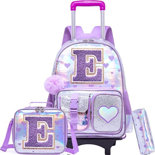 ZBAOGTW Mochila com rodinhas para meninas e crianças com rodas para meninas do ensino fundamental mochila com rodas bagagem de mão, Letra E roxa