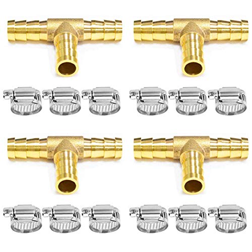 Da by 4 pcs 3/8"(10mm) Brass Tee Barb Fittings for 3/8" ID Hose,12 pcs Stainless Steel Pipe Clamps,3 Way Union Intersection for Water/Fuel/Air(T)