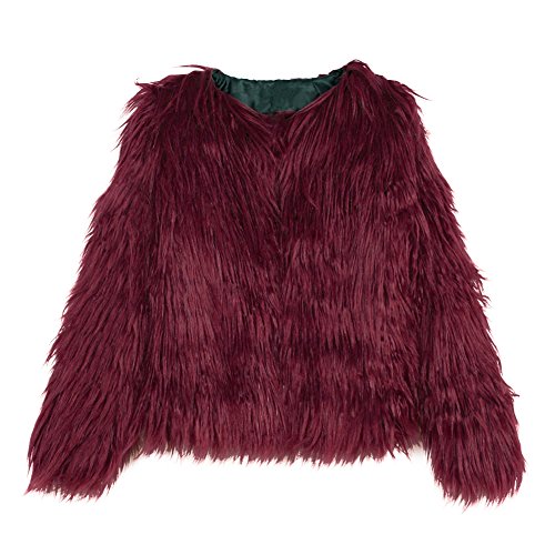 Anself Women's Shaggy Faux Fur Coat Solid Color Long Sleeve Short Jacket Burgundy