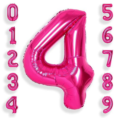 SUWEN 40 Inch Hot Pink Large 4 Number Balloons Big Foil Helium Number Balloons 0-9 Jumbo Happy 4th Mylar Birthday Party Decorations for Girl Anniversary Party Supplies