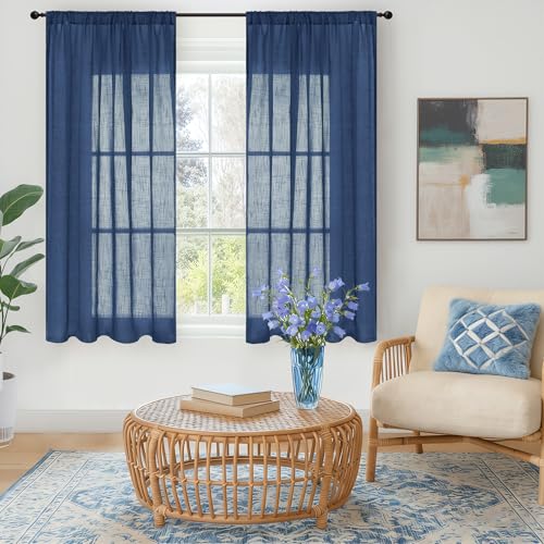 Image of BGment Navy Blue Linen Curtains 54 Inch Length for Short Living Room, Semi Sheer Window Drapes Light Filtering for Bedroom Dining Decor Lightweight with Rod Pocket, 2 Panels Set, Each 42 Inch Wide
