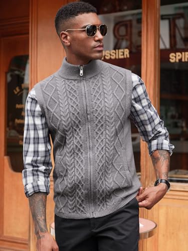 Runcati Mens Full Zip Sweater Vest Cable Knitted Cardigan Stand Collar Casual Sleeveless Sweaters2