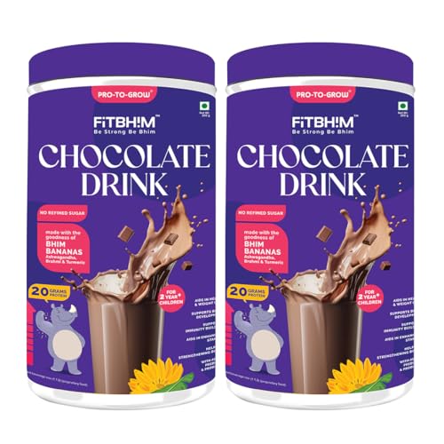 Image of ProToGrow Fitbhim Chocolate Nutrition Drink Powder for kids 2+ Years - 200g (Pack of 2) | Belgian Chocolate Flavor | Bhim Banana, Brahmi, Ashwagandha & DHA | Supports Height, Weight & Immunity