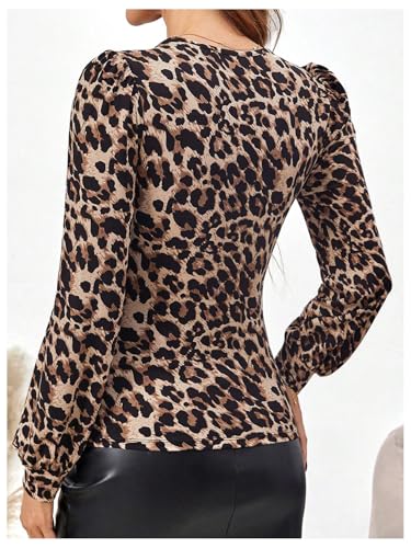 SweatyRocks Women's Long Sleeve Shirt Lace Trim V Neck Slim Fit Leopard Print Top2