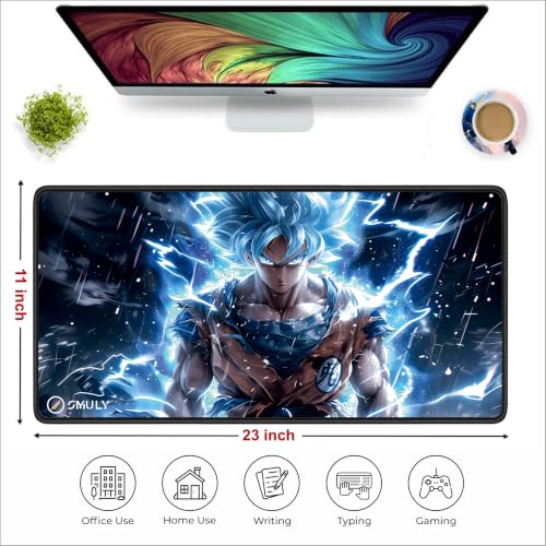 Image of Gaming Mouse Pad, Large Desk Mat 58.5 x 28 cm, Extended Washable MousePad, Desk Pad, 2mm Thick Non-Slip Rubber Base, Stitched Edges, Smooth Surface (Multicolour) - Blue Energy Anime Style Design
