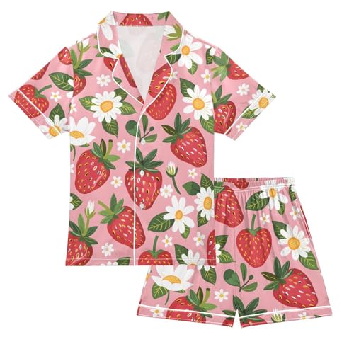 ALAZA Strawberry Floral Flower Pajamas Satin Pajama Set Short Sleeve Button Down Sleepwear