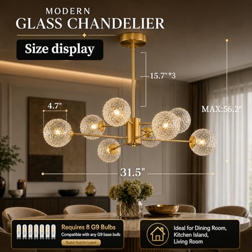 Image of Mid Century 8-Light Chandelier,Modern Glass chandliers for Dining Room,Gold Sputnik Chandelier Pendant Light fixtures for Living Room,Kitchen Island,Bedroom