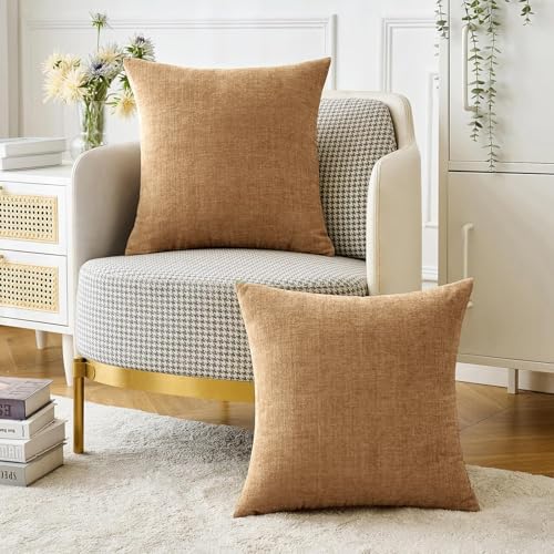 Image of MIULEE Pack of 2 Couch Throw Pillow Covers 20x20 Inch Soft Apricot Brown Chenille Pillow Covers for Sofa Living Room Fall Home Decor Solid Dyed Pillow Cases