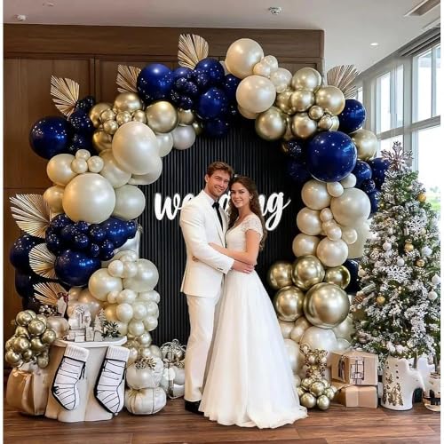 Image of Navy Blue Balloon Garland Double Stuffed Pearl White Royal Blue Balloons Dark Navy Gold Balloon Arch Kit for Birthday Baby Shower Wedding Graduation Father's Day Party Decor