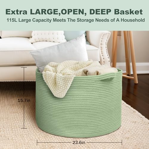 Image of MEGASKET 115L Oversized Green Basket, 23.6 inchx15.7 inch Woven Cotton Rope Bin for Blankets, Nursery Wicker Laundry Hamper, Kids Toy Storage Bin, Sage Green Living Room Bedroom Decor Baskets for Organizing