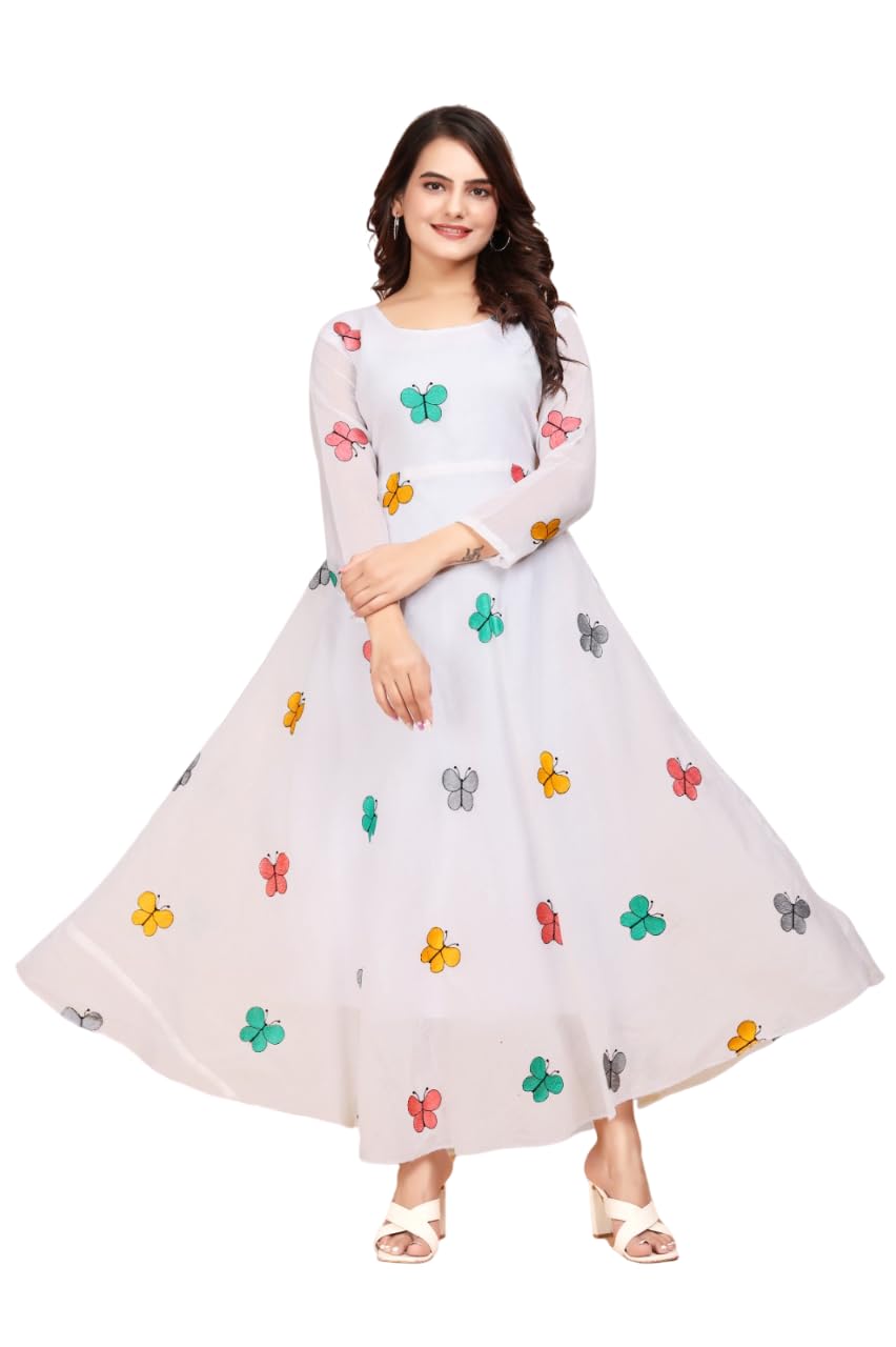 kanjari Women's Chanderi Cotton Regular Fit Full Length Butterfly Printed Beautiful Gown Dress with Elegant Design for Wedding, (White) (S,M,L,XL,XXL)-picture-42