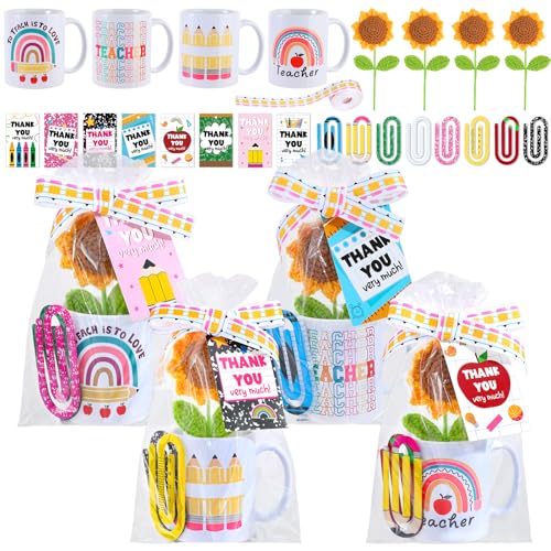 4 Sets Teacher Appreciation Gifts Bulk Include Ceramic Coffee Mugs Jumbo Paper Clips Back to School Thank You Gift Sets for Women Teachers Coworkers Employee Friends Holiday Birthday Gift Basket