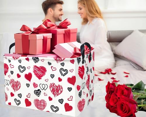 Image of Valentines Day Basket Large Foldable Heart Shaped Storage Box for Gifts Kids Empty Storage Bins Rectangular Toy Organizer Decor (Black Pink Line Love)