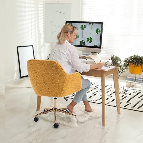 Image of FOXHUNTER Vanity Chair with Wheels 360 Swivel, Teddy, Yellow | Home office desk chairs,adjustable height accent chair for living room,bedroom