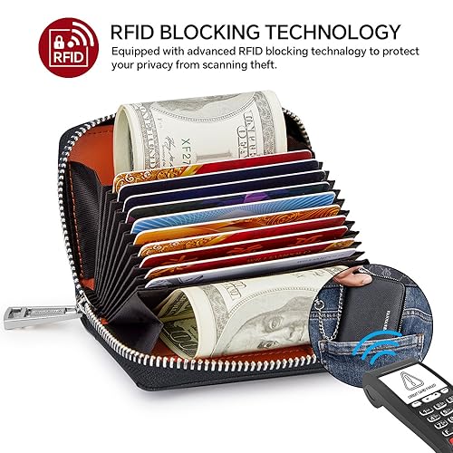 VANNANBA Chain Wallet Zipper Large Capacity Organizer Accordion Wallet Genuine Leather Purse RFID Blocking Wallet for Men,black103