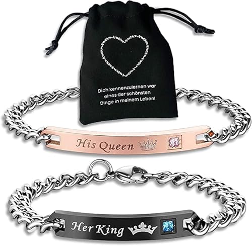 Binego® Her King His Queen Bracelets de couple Cadeau de couple Bracelets Chaînes Gravure Femme Homme Cadeau Mariage, Verstellbar, Acier inoxydable Cover