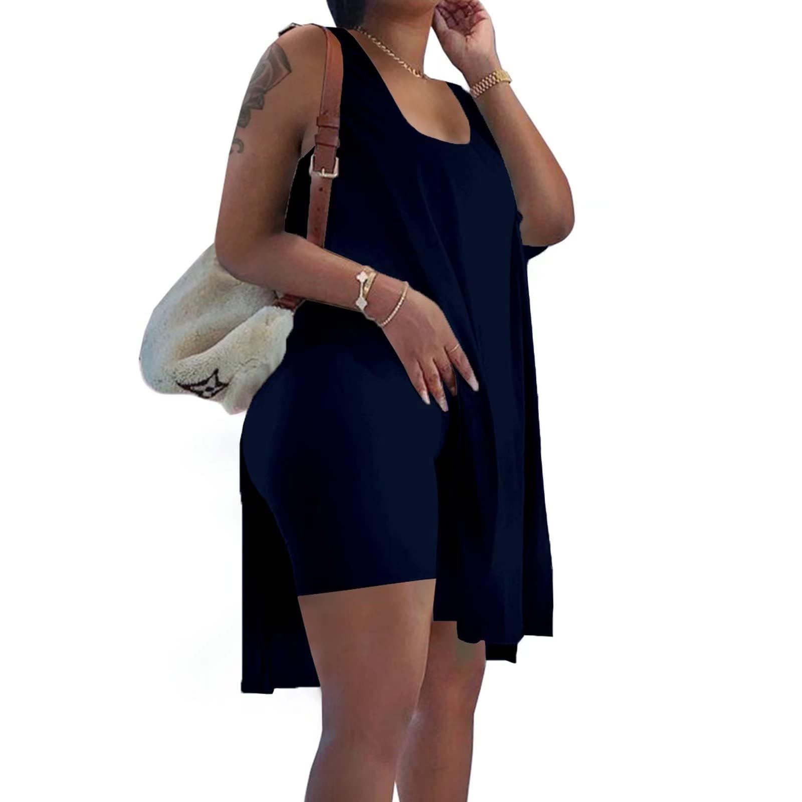 GrowsunWomen's Plus Size 2 Piece Outfits Bodycon Biker Shorts Sets Tracksuits Sleeveless Tunic Tops