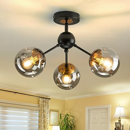 Image of 3-Light Chandelier ,Vintage Semi Flush Mount Ceiling Light Fixture with Glass Globe, Black Ceiling Light for Hallway Stairway Porch Entryway Kitchen Bedroom Laundry Farmhouse..