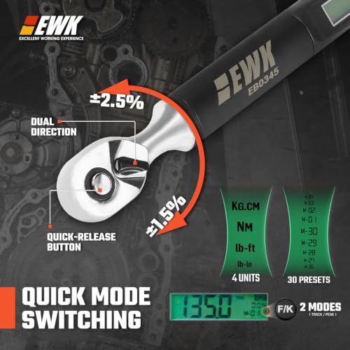Image of EWK 3 /8 Inch Drive Digital Torque Wrench 5-100 ft-lbs (6.8-135 Nm) | IS0 6789, ±1.5% clockwise / ±2.5% counterclockwise, LCD Display, LED Buzzer Vibration Alert, 30 Memory Values