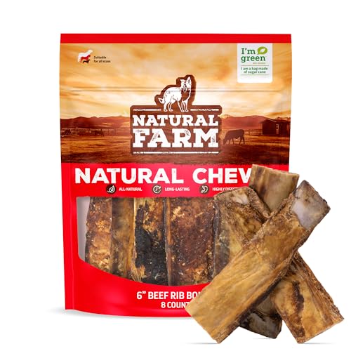 Natural Farm Rib Bones for Dogs (6 Inch, 8 Pack) - Beef Ribs for Dogs, Farm-Raised Cattle - Slow-Roasted Flavor - Low Odor for Indoor, Outdoor Chewing - Promotes Dental Health