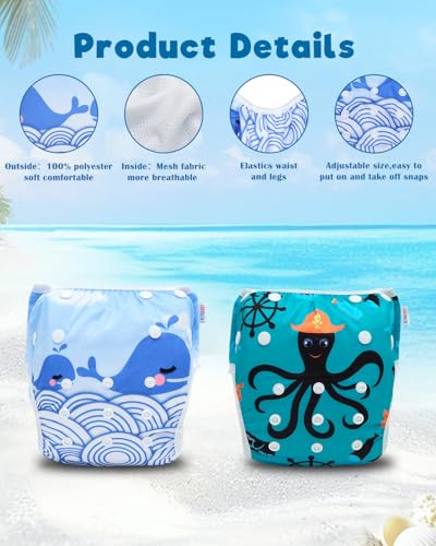 Image of ALVABABY Swim Diapers 2pcs Baby & Toddler Snap One Size Reusable Adjustable Baby Boy Swimmer Diaper for Pool Time Small Size Octopus Whale