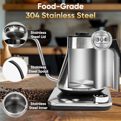 Image of COZII Electric Gooseneck Kettle, 5 Presets & ±1℉ Temperature Control 1000W /0.9L Quick Heating Water Boiler for Coffee /Tea, 24H Keep Warm, Auto Shut Off Pour Over Kettle with 50pcs Coffee Filter,Silver