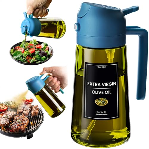 Image of CXINYI - 16oz /470ml Olive Oil Dispenser for Kitchen with Stickers - 2 in 1 Olive Oil Sprayer for Cooking, Air Fryer, and Salad, Blue (Light-Proof Kitchen Gadget)