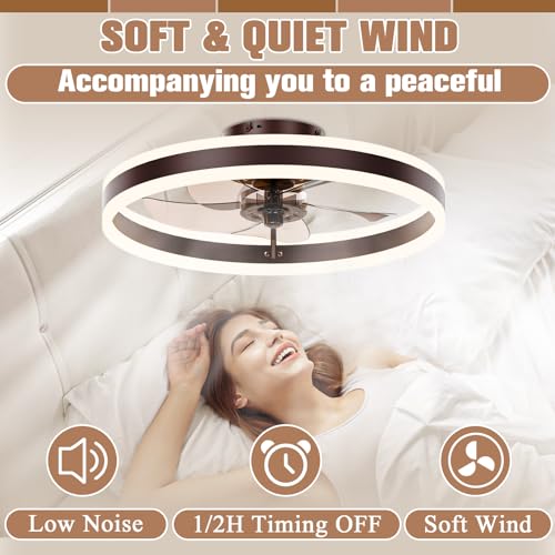 Image of VOLISUN Low Profile Ceiling Fans with Lights and Remote, 19.7in Flush Mount Ceiling Fans with Light, 3000K-6500K Dimmable Fandelier LED Fan Light, Brown Bladeless Ceiling Fans with Lights for Bedroom