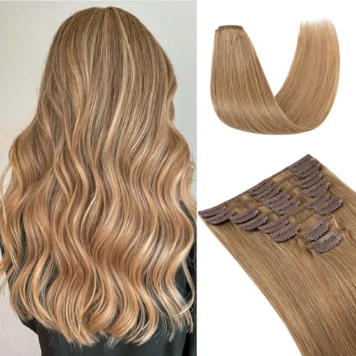 UK-Fashion-Shop Human Hair Extensions Clips in Real Hair Extension 8pcs 18 clips Long Straight Natural 18inch(70g)#27 Dark Blonde