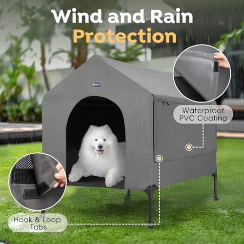 Veehoo 35" Dog House, 2-in-1 Large Dog House Outdoor Indoor Weatherproof, Outside Elevated Dog Cot Bed Dog Tent Shade, Three-Sided Breathable Mesh Windows and Sunshades, CWC2435CP - Image 4
