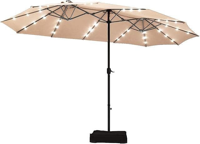 COSTWAY 4.6m Double-Sided Parasol with Base, Solar LED Lights and Crank Handle, Outdoor Extra Large Sun Umbrella, Large Market Sunshade Shelter Canopy for Garden Patio Beach Yard