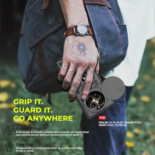 Image of AIBEX Back Cover for Realme Narzo 70x 5G / N65 / Realme 12 5G / 12X 5G / C65 5G Bumper Back Case Cover | Ring Holder & Sliding Camera Shield Cover | 360 Degree Protection Back Case Cover