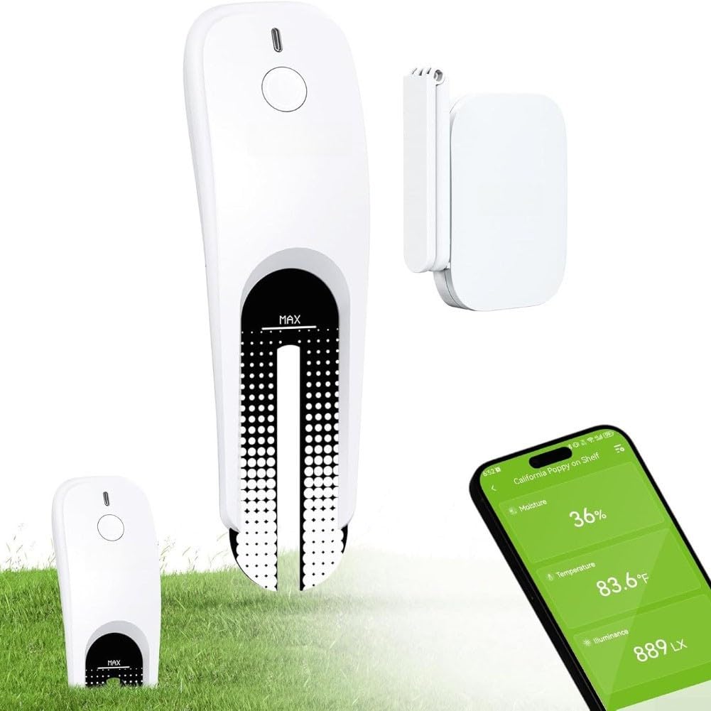 BlissfulAbode Medidor de humedad del suelo con WiFi, sensor higrómetro inteligente para seguimiento de datos en tiempo real, niveles de luz, plantas en maceta, césped, blanco (B)