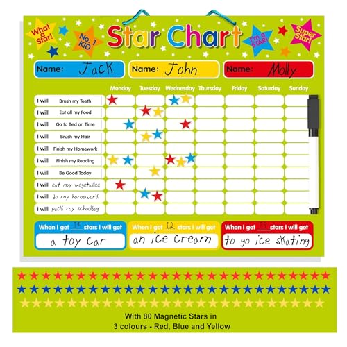 Pantalones, Home Magnetic Reward / Star / Responsibility / Behavior Chart for up to 3 Children. Rigid board 16' x 13' (40 x 32cm) with