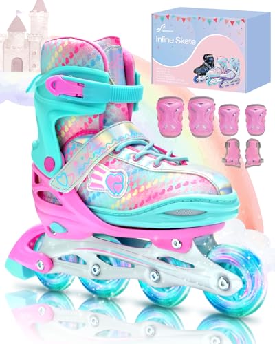 Patines en Línea Niña con Luces LED y Triple Protección, Patines Niña Seguros y Cómodos para Patinaje Urbano – Patines Línea Niña Ajustables, Patines 4 Ruedas Niña para Regalo