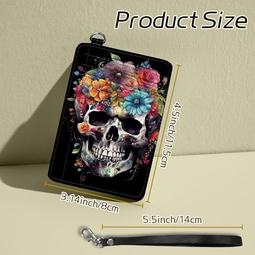 Image of Small Travel Wallets, Sugar Skull Flowers Slim Minimalist Front Pocket Wallet with Wristlet, RFID Blocking PU Leather Credit Card Holder with ID Window Change Purse for Men Women