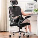 TONFARY Ergonomic Home Office Chair, High Back Mesh Desk Chair with Adjustable Lumbar Support, Flip-up Armrest, Removable Headrest, Swivel Computer Gaming Chair, Space Saving, 150KG (Black)