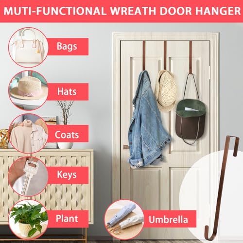 Image of 12 inch Wreath Hanger Over the Door Hooks, Non Scratch Wreath Door Hanger Hooks for Hanging Welcome Sign, Metal Wreath Hangers for Front Door Decor, Thin Door Hanger for Easter Halloween Home Decoration
