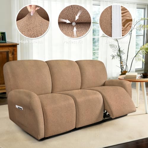 Image of ANARACHON Leather Look Recliner Couch Cover 8-Piece Recliner Sofa Slipcovers 3 Seater for Reclining Couches Furniture Protector Spandex Fabric Washable (Recliner Sofa,256Brown)