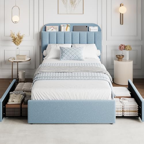 GarveeHome Twin Bed Frame with Storage Headboard, Kids Bed Frame with 2 Drawers, Boucle Upholstered Platform Bed with Bookcase, No Box Spring Needed, Easy Assembly, Blue