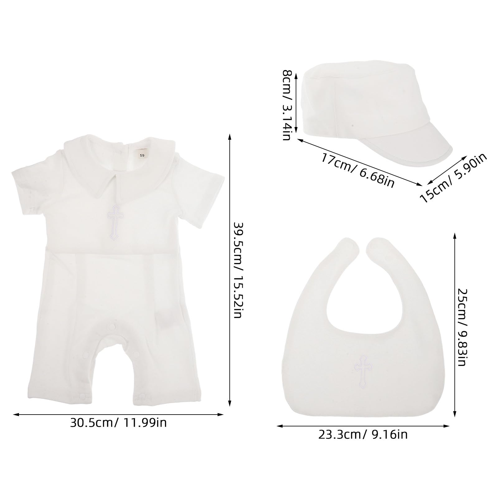 Operitacx Conjunto de ropa para bautizo de bebé niño: mono blanco de manga corta para ceremonia de bautismo, conjunto de ropa formal para recién nacido con babero y gorro, talla 59 cm.