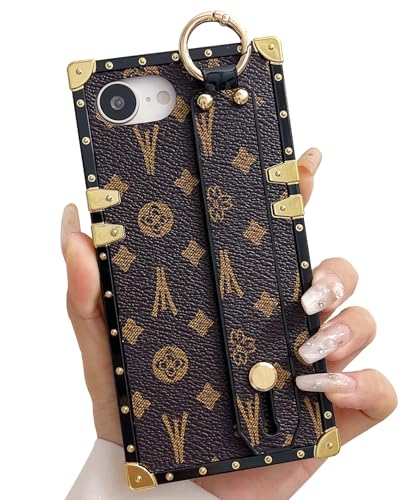 Dropcases Compatible with iiPhone 16e Case Luxury Designer for Women Girls,Rectangle Leather with Wristband Strap Kickstand Holder Protective Cover for iiPhone 16E - 6.1 inch (Brown)