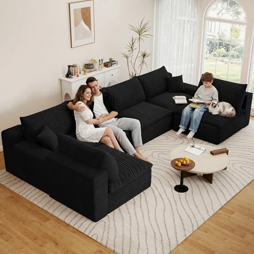 Image of 136 inch Cloud Couch Modular Sectional Sofa for Living Room, U-Shape Boneless Couch with Deep Seat, Modern Corduroy 6-Seater, No Assembly Required, Black