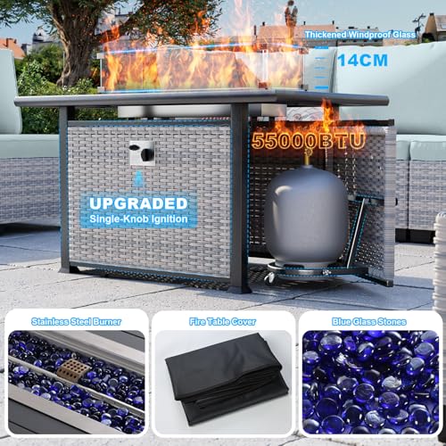 Image of 13-Piece Patio Furniture Set, Outdoor Patio Furniture with Swivel Chairs Set, Ottomans, 55,000 BTU Fire Pit Table, Modular Patio Sofa, Dual-Strand Wicker Rattan, Rust-Resistant Frame, Light Blue