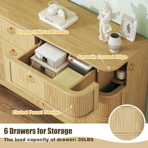 Image of Fluted 6 Drawer Dresser for Bedroom, 43'' Modern Chest of Drawers with Metal Handles&Wood Legs, Curved Profile Design, Rattan Dresser for Bedroom, Living Room, Entryway, Natural