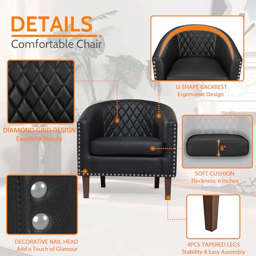 PrimeZone Barrel Chair, Comfy Accent Chair, Faux Leather Living Room Chairs Club Chair with Cushion, Nailhead Trim and Diamond Mesh Backrest, Reading Chair for Bedroom Waiting Room Office, Black - Thumbnail 7